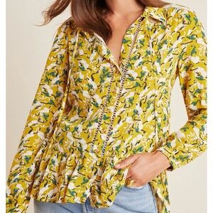 Anthropologie Maeve Janie Flounced Peasant Blouse Yellow and White Rabbit